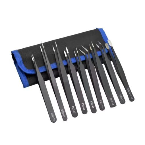 ESD Anti-Static Precision Tweezers Set, Stainless Steel, Electronics, Repair, Assembly, 8 Pieces with Carrying Case