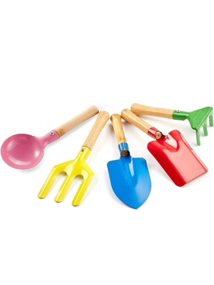 Kids Garden Tool Set, 5-Piece Colourful Beach Toys with Wooden Handles