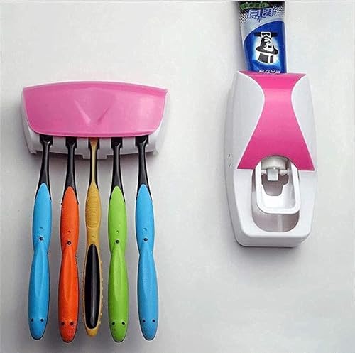 Flamingo Automatic Toothpaste Dispenser and Toothbrush Holder, 5 Hole, Multicolor, Adult, Wall Mounted, Plastic, Painted