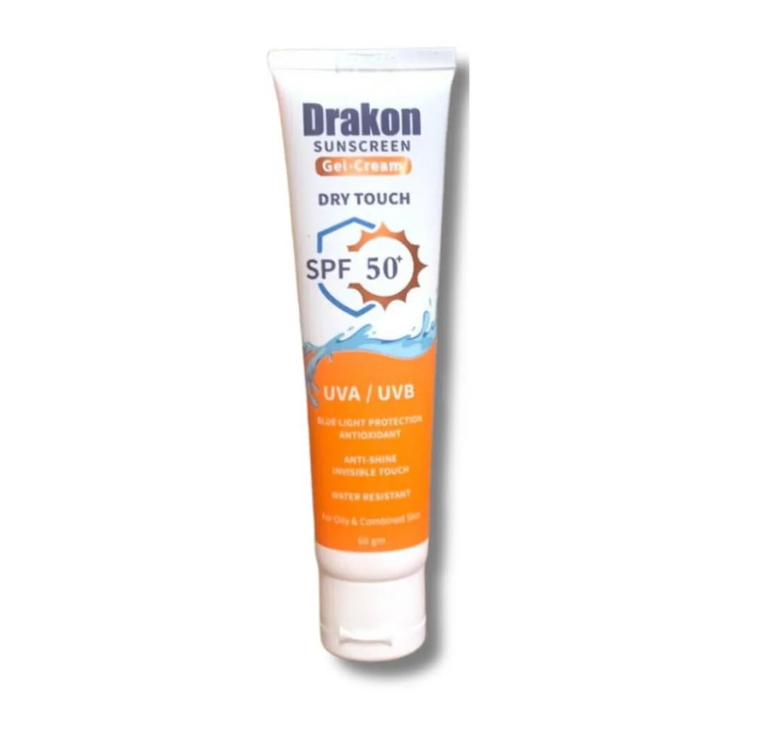 Drakon Sunscreen Gel-Cream Dry touch SPF 50+ UVA,UVB & Blue Light Protection, Water Resistant & Antioxidant for All Skin Types especially for oily & combined Skin - 60 gm
