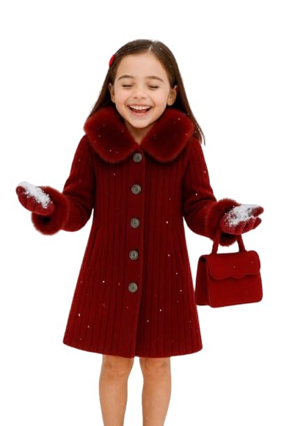 Girls Winter Coat Fur Collar Burgundy Red Buttons Classic Elegant Design - Material Ajena Imported Inlaid Fur - Size 10 - Model #: 630-2002