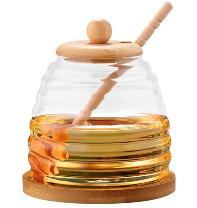 Honey Pot with Lid, Honey Jars with Spoon, 500 ml, Honey Pots in Beehive Shape, Honey Dispenser, Honey Pot with Wooden Honey Spoon, Honey Jar with Wooden Lid, Honey Pot Food Container