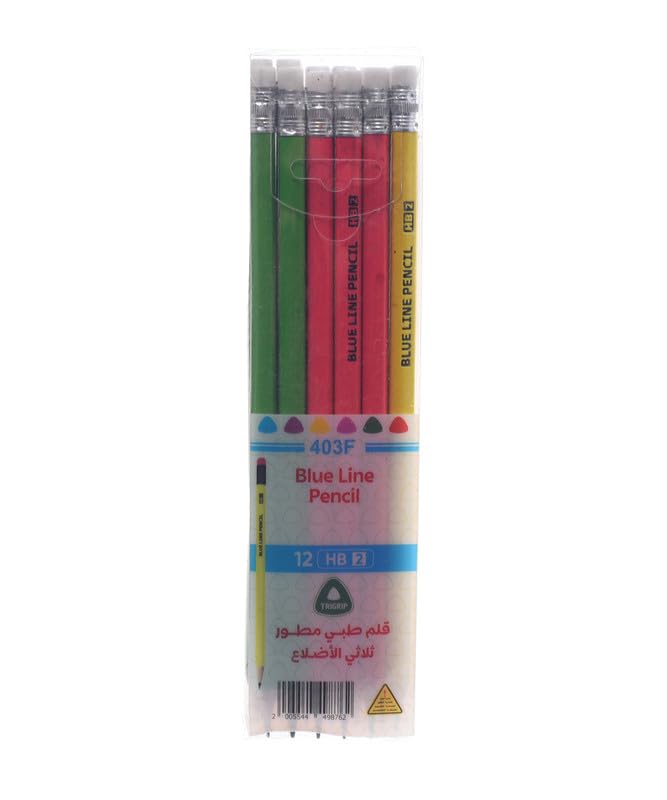 Blue Line Pencil HB2 Triangular Pencils With Eraser Pack Of 12 pcs - Multicolor