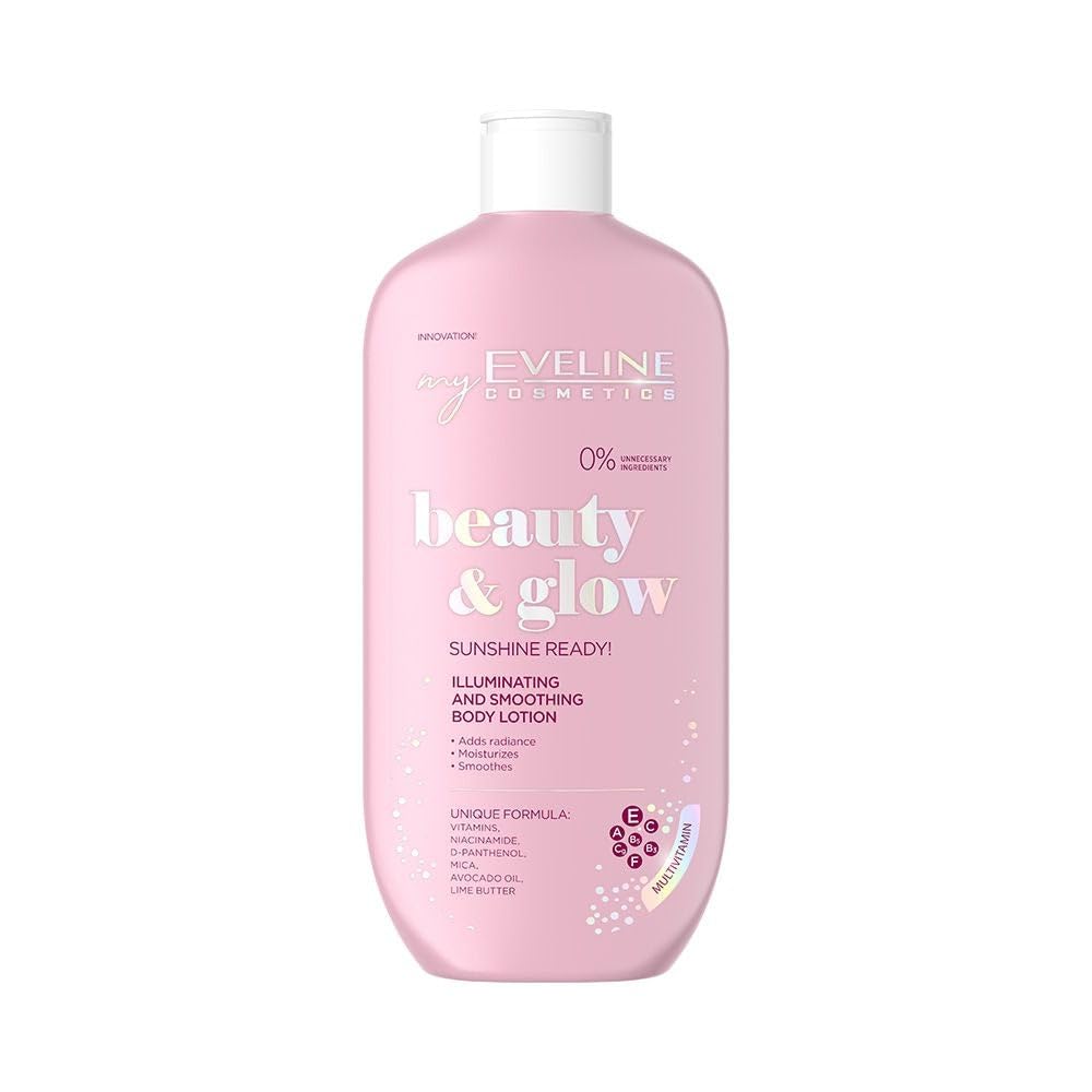 Eveline Beauty and Glow Sunshine Ready Illuminating and Smoothing Body Lotion | Enriched with Vitamins, Niacinamide, D-Panthenol, Mica, Avocado Oil and Lime Butter | Multivitamin | 350ml