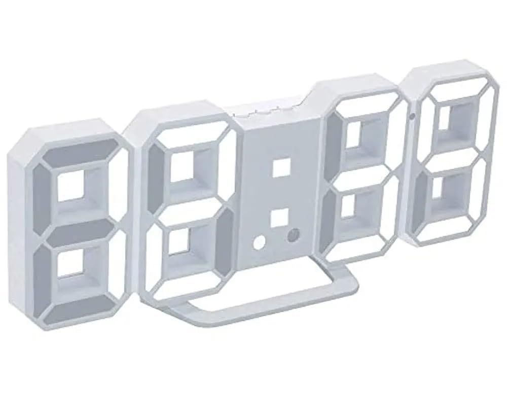 SouqKado 3D Electronic Digital Alarm Clock LED Wall Lamp with 3 Levels Auto Brightness Adjustment Modern Night Snooze Date Temperature Display White Acrylic (White x White)