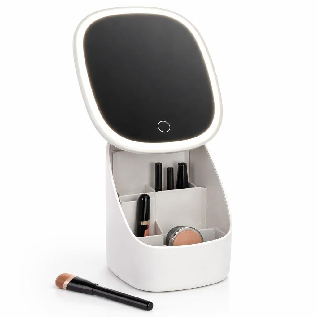 Mirror & Makeup Organizer - Pedestal LED Mirror with Cosmetic Storage, Organizer Box with removal divider for Women and Girls, Adjustable angle, Easy to clean, X-612