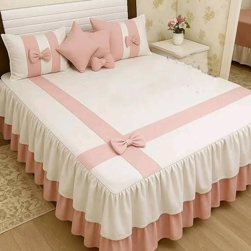 Cotton Princess Style Bedding Set with Ruffled Skirt and Bow Decorations, White and Pink, Queen Size (240x250) bed 160cm 2 pillows Cover Size (60X70). 2 cushions Cover (85X160) 1 sheet