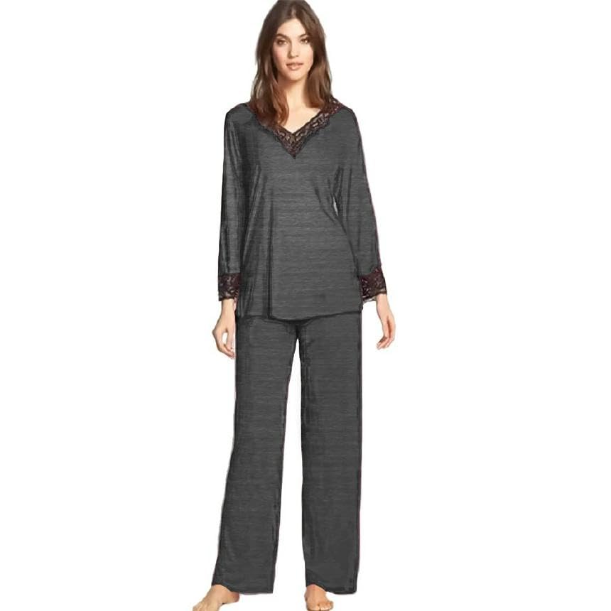 Women's Cotton Loose Fit Pajamas Long Sleeve Sleepwear Pants Dark Grey with Lace Detail