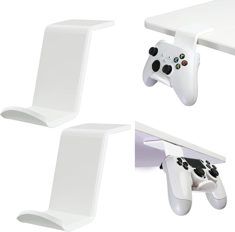 Best Media Universal Gamepad Controller Stand for Desk, Tabletop Gaming Accessories Holder for XBOX, PS5, PS4, and PC Controllers with Cable Clips, Under-Desk Mount Option (White)