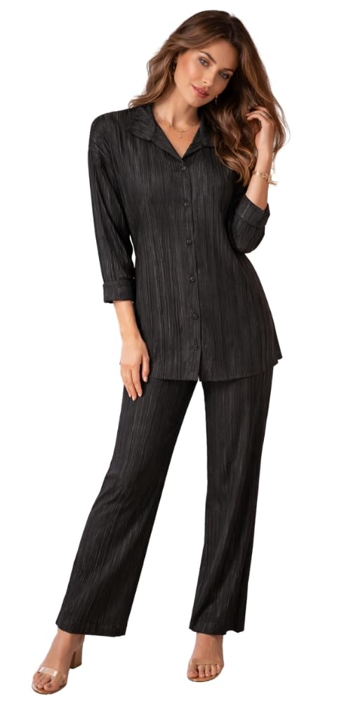 Women's Pleated Pleated Reception and Exit Pajama Set Shirt and Pants Black Button Down Sleeve