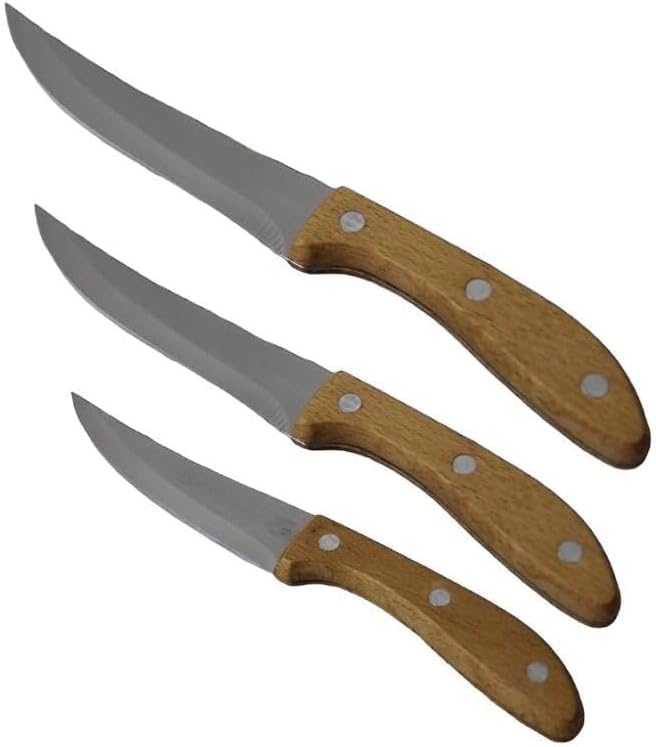Stainless Steel Kitchen Knife Set with Wooden Handle, 3 Pieces, Blade Lengths 10cm, 13cm, 15cm