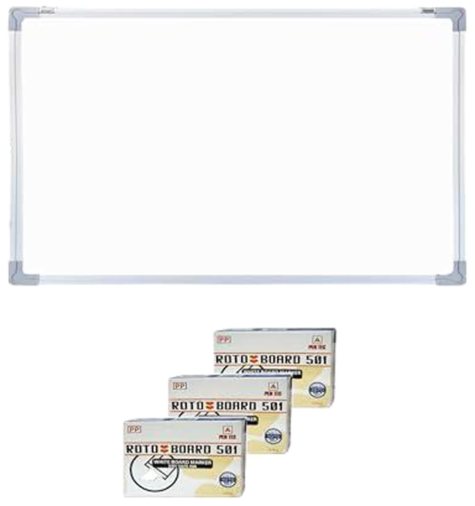 60x90 Metal Frame Magnetic Whiteboard +3 Packs (Red,Blue and Black) Of Roto 501 Whiteboard Marker