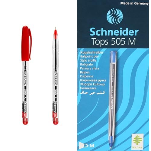 Bravo Stationery Bundle: Ball Pen Red + Schneider Tops Ballpoint Pens Blue 3-Pack