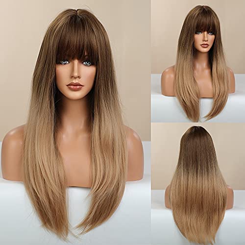 ECIF Long Brown Straight Wig Natural Synthetic Wigs For Women Ombre Heat Resistant Wig With Bangs Daily Party