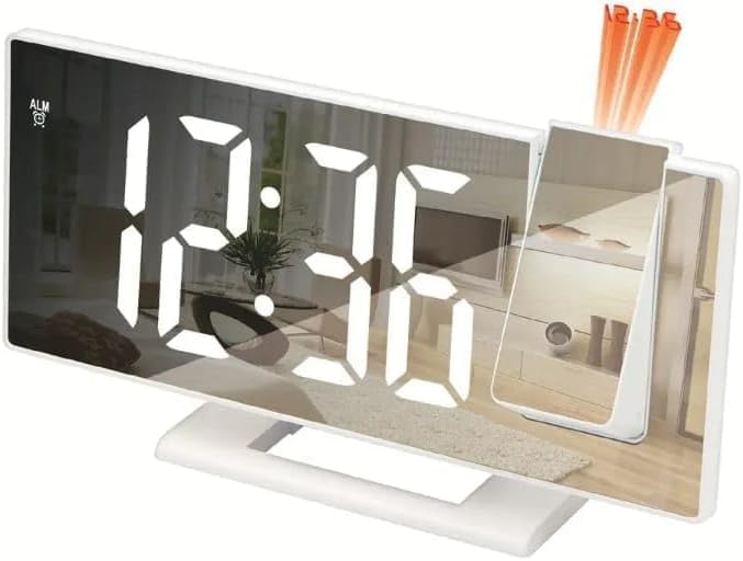 Led Mirror Clock with Projector, Digital Alarm Clock with Time Temperature Date Display, Large Mirror Screen, 3-Level Projection Brightness, 180° Adjustable, Snooze for Bedroom Office (White)