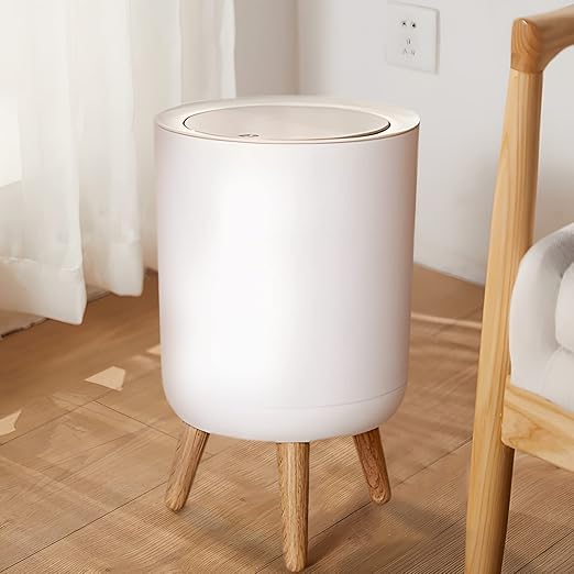 Trash Can with Lid 7L Plastic Trash Can with Push Button, Nordic Trash Can, White Trash Can Suitable for Bedroom, Bathroom, Living Room, Office, Resistant Trash Can…