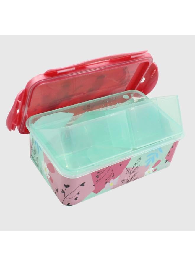 Stor Minnie Rectangular Food Container with Removable Compartments, Pink Floral Design, Plastic, 1190 ML