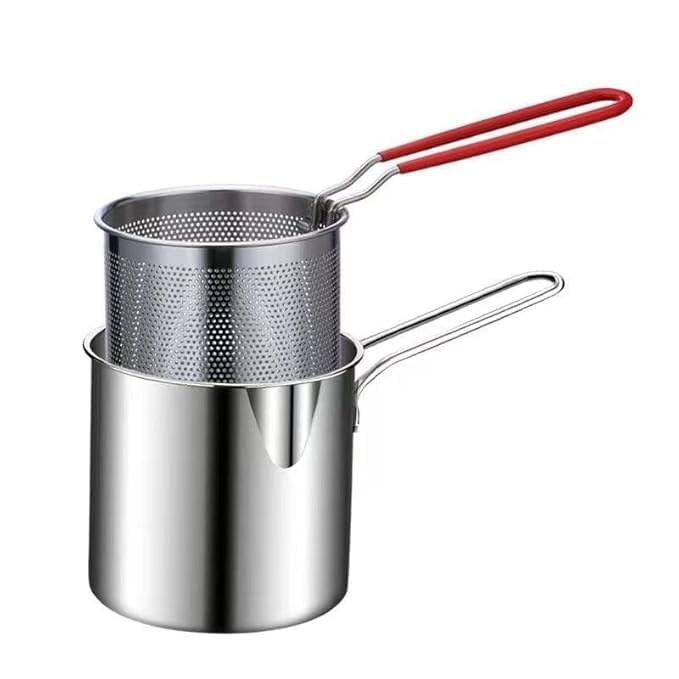 Small Deep Frying Pot With Strainer Basket Stainless Steel Fryer Pot With Long Handle Mini Deep Oil Fryer Home Fries Kitchen Camping Frying Pots for French Fries Silver Pot (1200ML)