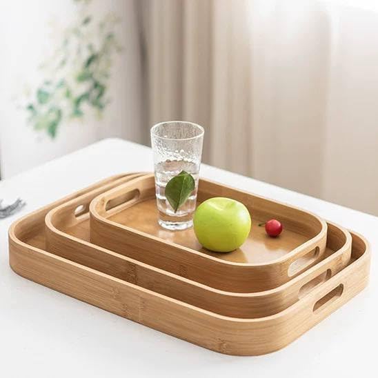 HOMERA Large Bamboo Serving Tray Set 3 Pieces for Food and Drinks Waterproof Wooden Trays for Home Kitchen Table Parties and Hospitality Use