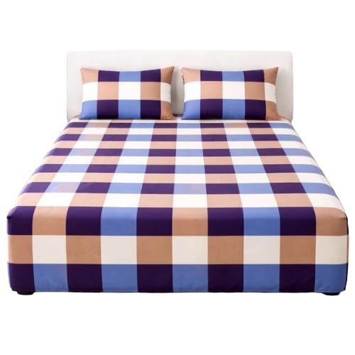 Fitted Bed Sheet (caro blue design) 160 * 200 Cm + Free 2 Pillowcase
