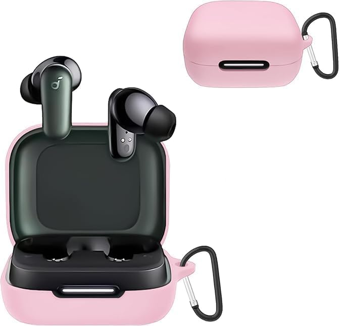 Soft Silicone Case Compatible with Anker Soundcore R50i NC & P30i Earbuds, Shockproof Protective Case Cover with Carabiner (Pink)