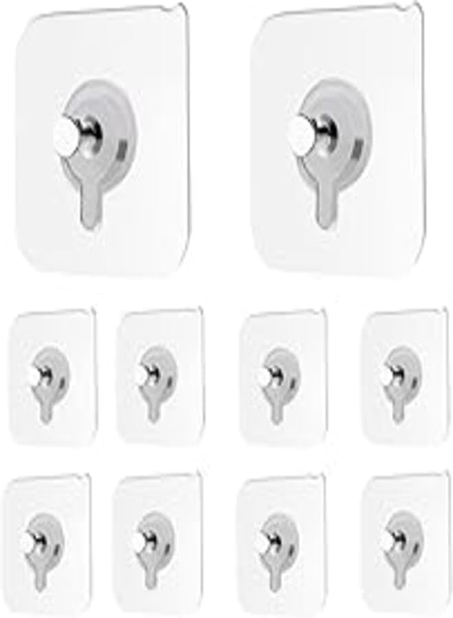 10 x Wall Hanging Hooks, Self Adhesive, for Picture Frames, Transparent, Waterproof, No Drilling Required, Leave No Trace for Pictures, Paintings, 10pcs Screw Replacement