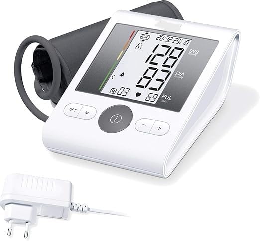 BP Upper Arm Blood Pressure Monitor with Patented Resting Indicator for Accuracy, Cuff Position Assistance and Colour-Coded Risk Indicator - with adapter