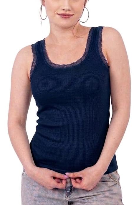 Dabbagh Women’s Soft Ribbed Seamless Tank Top, Lace Trim Scoop Neck Sleeveless Camisole, Stretch Slim Fit, No Side Seams