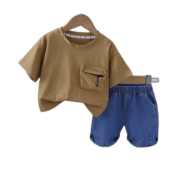 Boys Outerwear Set - 2 Piece Front Pocket T Shirt with Side Pockets Denim Shorts Fashion Comfortable Design for Boys (Brown, 2 (Dress 1-2) Years)
