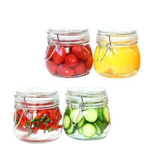 XPY-V9 Transparent Glass Storage Jar with Airtight Clip Lock – Durable Soda Lime Glass Container with Seal Ring for Spices, Herbs, Dry Fruits, Pickles, Jams & Pantry Storage SET (4)