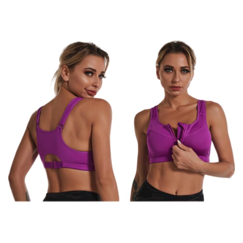 Women's Plus Size Sports Bra with Front Zipper No Underwire Adjustable Support Cross Back Yoga Bra High Impact Workout Moisture-Wicking for Running Gym