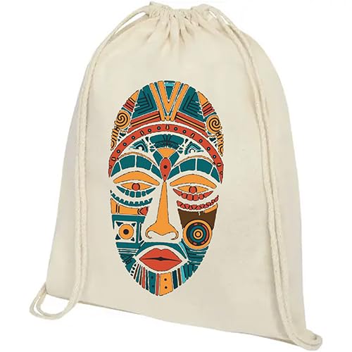 Tribal Mask Design Cotton Drawstring Backpack, Beige Canvas Tote Bag