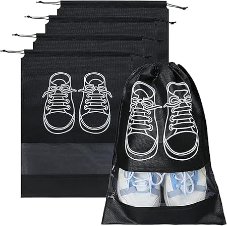 Pack of Large Travel Shoe Bags with Transparent Window – Dustproof, Drawstring Non-Woven Storage Bags for Men & Women, 5/10/20 Set, 44x32 cm (20 Black)