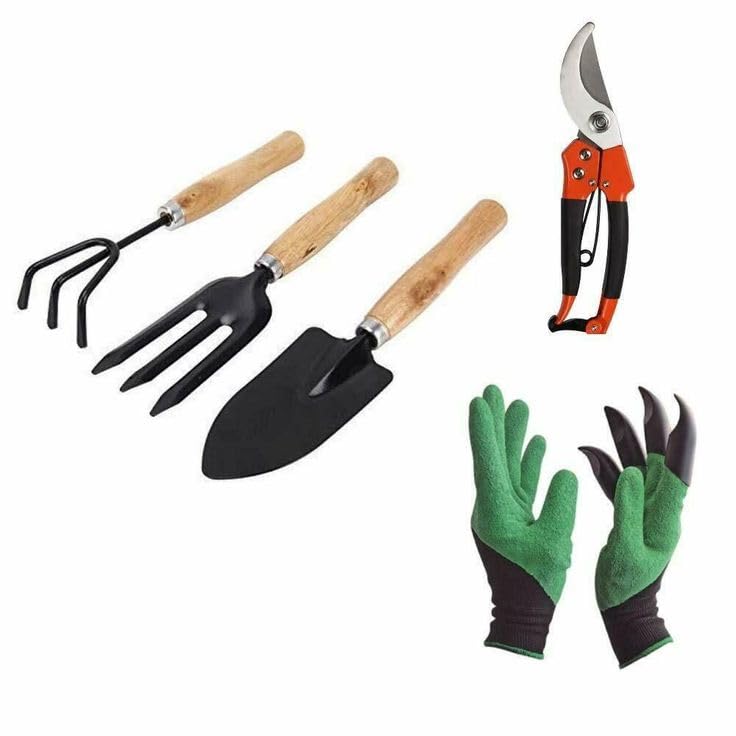 5 Piece Garden Tool Set, Includes Trowel, Fork, Trimmer, Gloves