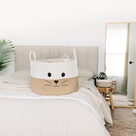 MZ Woven Cotton Rope Storage Basket, Laundry Basket Organizer for Toys, Blankets, Clothes, Towels, Gifts | Pet Gift Basket for Cats and Dogs (Beige & White) (25 * 25 * 20cm)