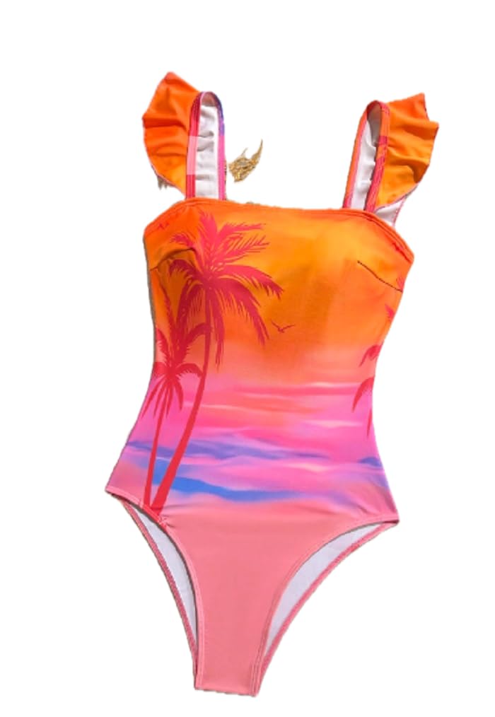 Women's Tropical Sunset One-Piece Swimsuit, Ruffle Straps, Orange and Pink Palm Tree Print