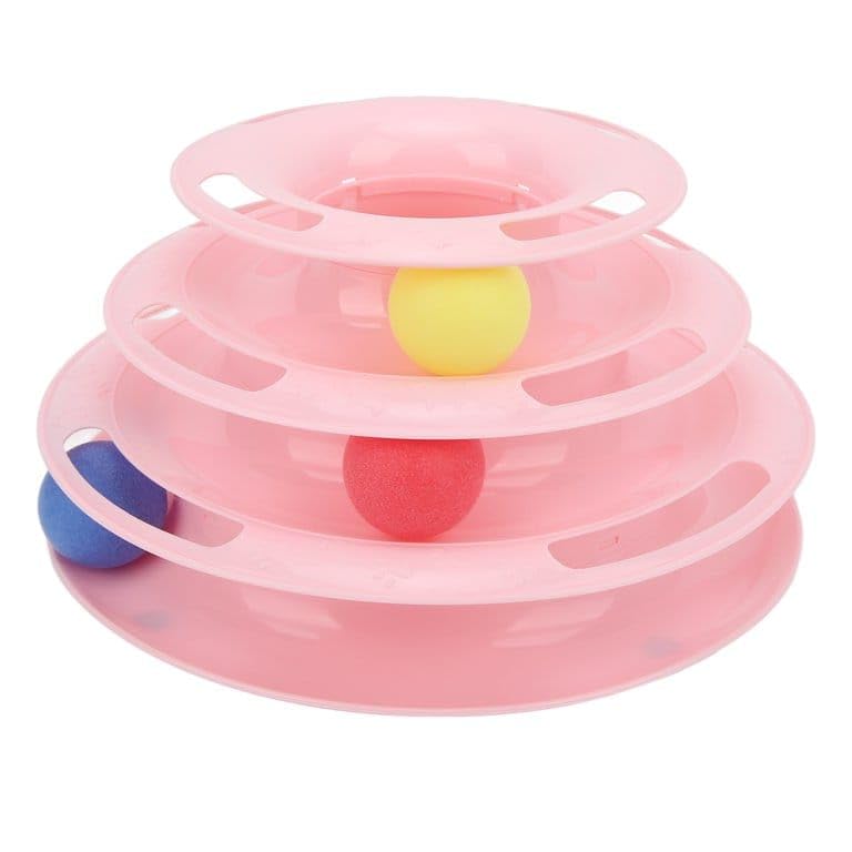 Fun Levels of Interactive Play Cat Track Toy with Moving Balls - Training Ball Tunnels, Amusement Turntable, Kitten & Adult Cat Puzzle Exerciser (Pink)