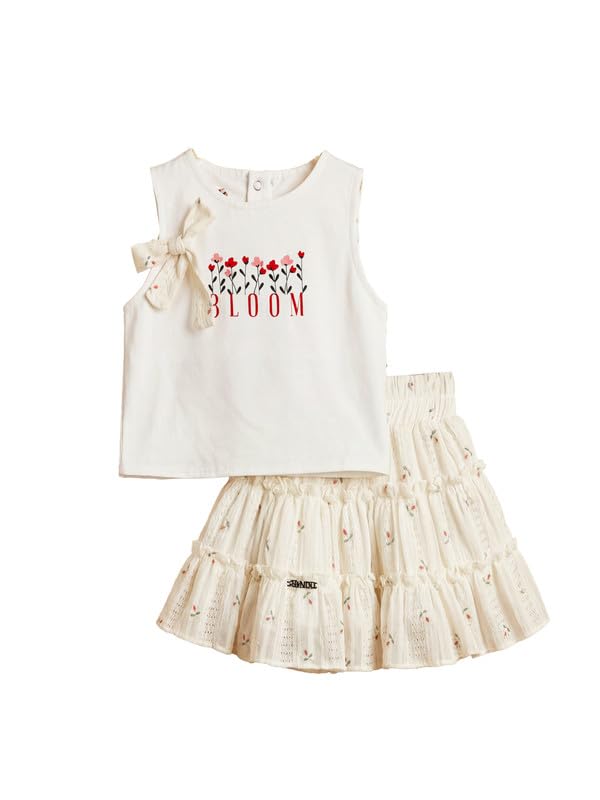 My Baby Girls Floral Print Bow Sleeveless Blouse Set with Ruffle Skirt
