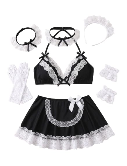 Black Lace Silk Lingerie Set, One Size