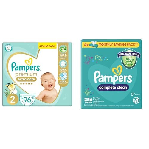 Pampers Premium EXTRA CARE Taped Diapers, Size 2, 3-8 kg, with Lotion with Aloe Vera, Saving Pack, 96 Baby Diapers +Wipes