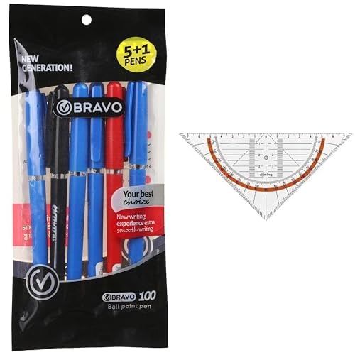 Bravo Stationery Bundle: 100 Ballpoint Pen 6-Pack + Rotring Centro Geometry Triangle