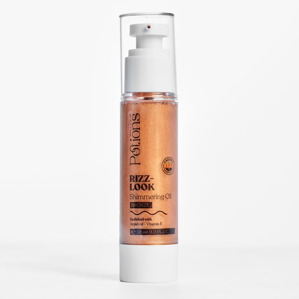 Rizz Look Shimmering Body Oil – Golden Glow with Argan, Jojoba, Carrot & Grape Seed Oils – Moisturizing Body Highlighter with Vitamin E – Non-Greasy Glow Finish