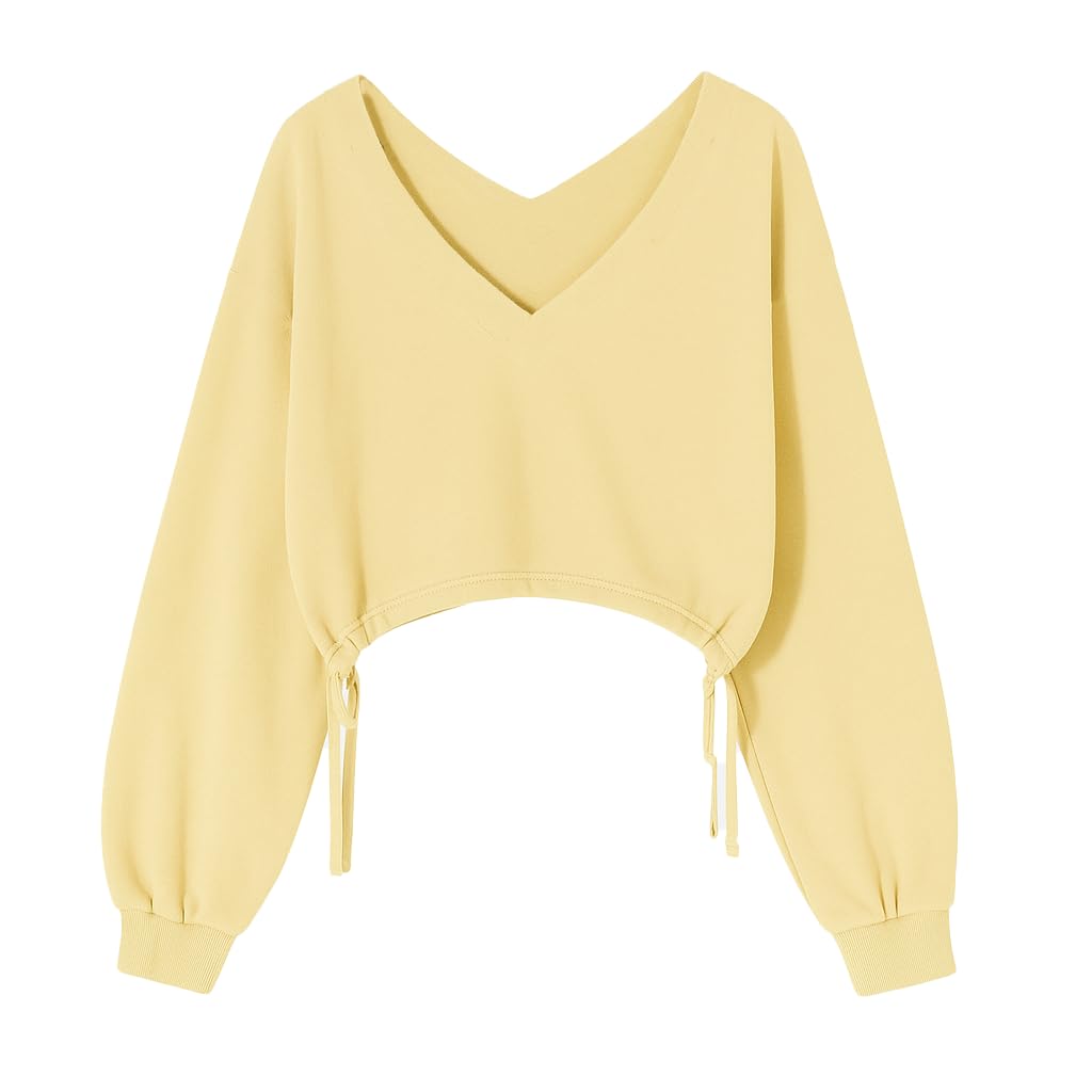 Women's V-Neck Cropped Blouse-Long Sleeve Drawstring Hem