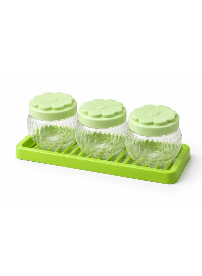 3-Piece Clear Spice and Seasoning Jar Set with Floral Lids and Organizer Tray - Green