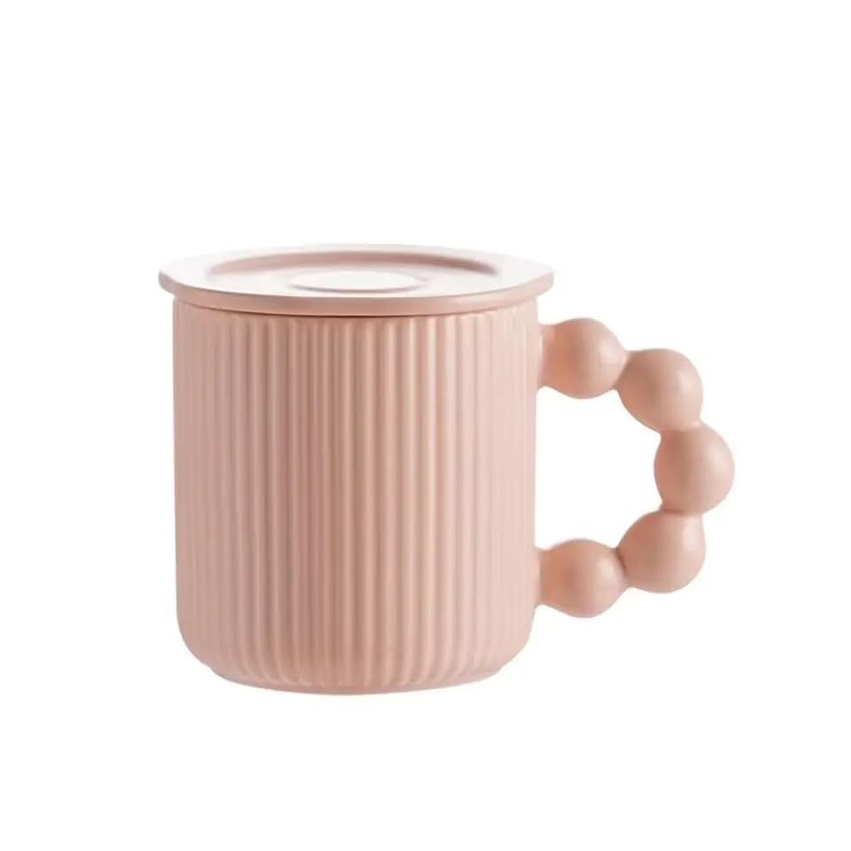 Nopatia Ceramic Travel Mug with Infuser, Matte Striped Design, Perfect for Tea and Coffee, Practical and Durable, Suitable for Daily Use, Home, Office and Travel (Pink)
