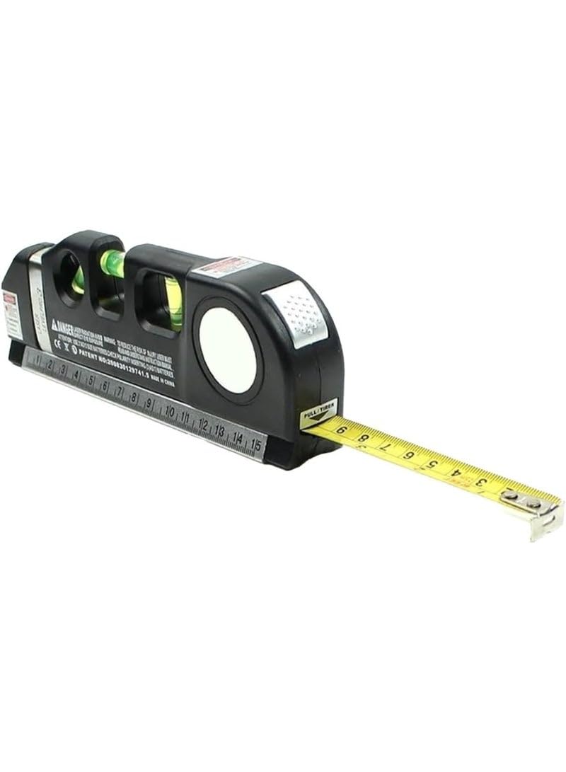 Versatile laser spirit level with measuring tape and ruler – a tool for marking lines in walls – a laser level for hanging, installation, and decorating work.
