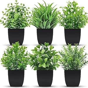 Mini Artificial Plants in Potted Small Artificial Plants for Home Decor, Outdoor, Rustic Home Decor, Bathroom, Set of 6, Plants Shape May Vary (Black)