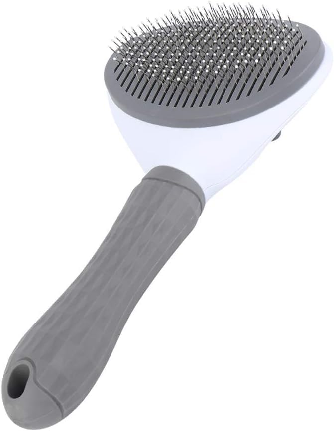 Pet Grooming Brush with Ergonomic Handle, White and Grey, Self-Cleaning Pin Brush for Dogs and Cats