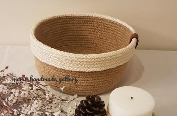 Woven It -Handmade Woven Jute Basket with White Cotton Rim, 22cm x 10cm can be used in Kitchen, toilet, living room, dining room, kids room, bed room, indoor & outdoor.