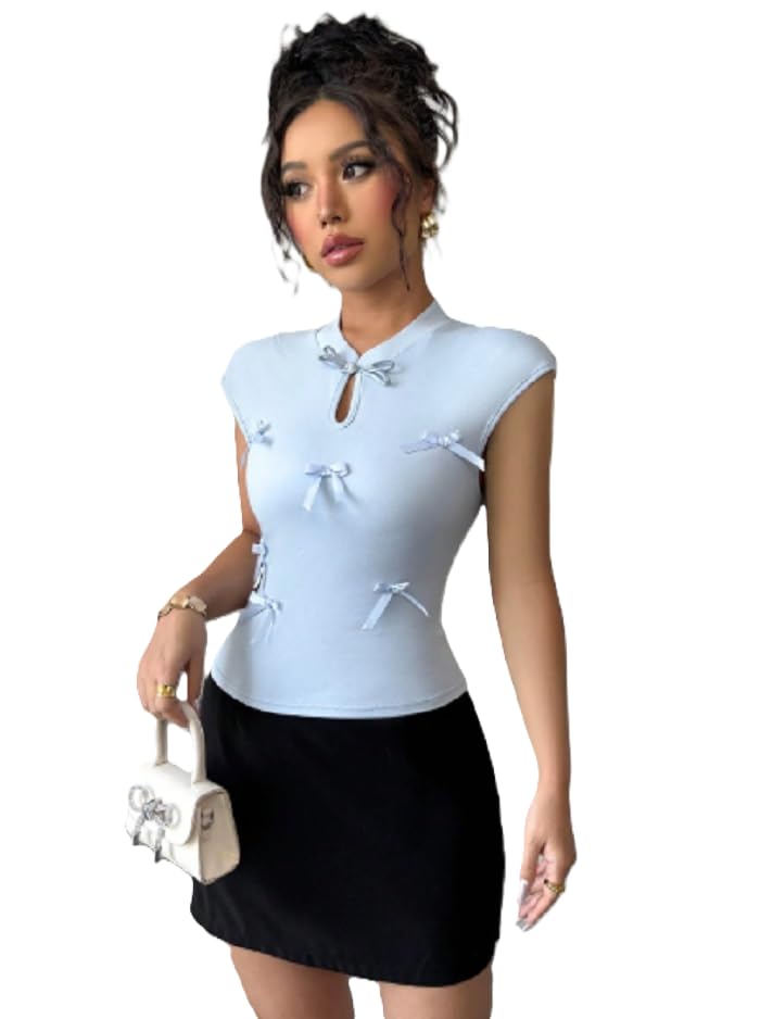 Women's Cap Sleeve Stand Collar Top, Baby Blue, Bow Detail, Slim Fit, Polyester Blend